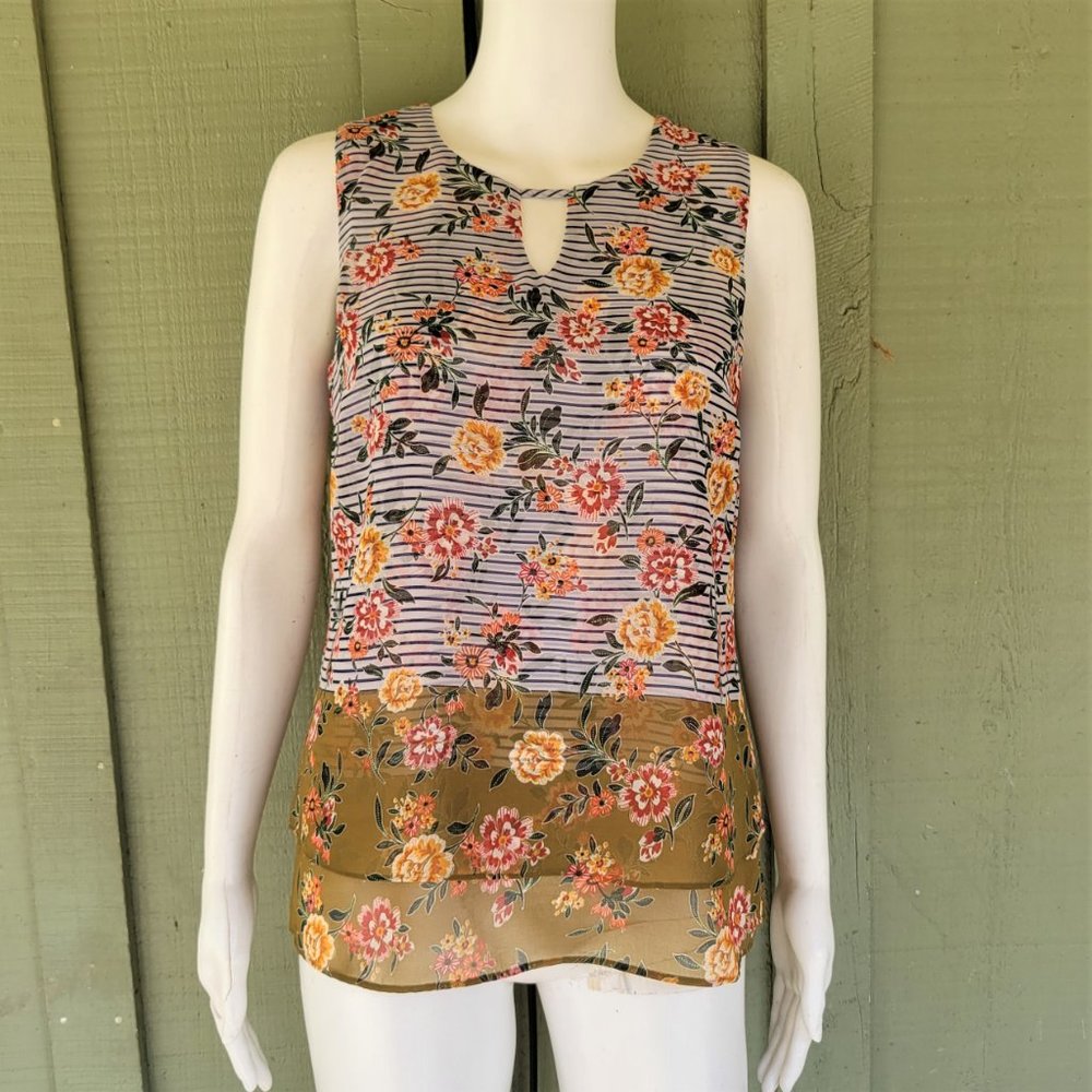 CABI Striped Floral Sleeveless Top XS